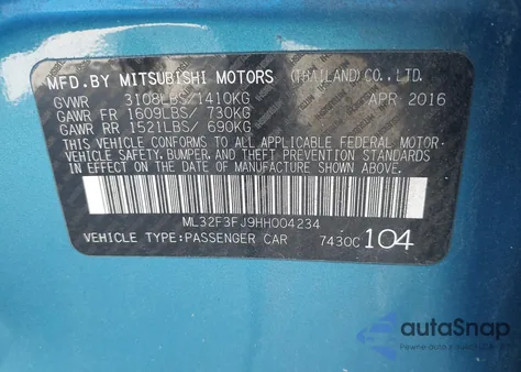 2017 Mitsubishi Mirage G4 Es from USA, damaged, VIN ML32F3FJ9HH004234